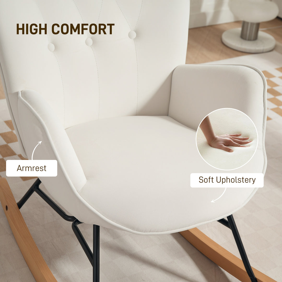 Rocking Chair, Modern Upholstered Velvet Armchair with Solid Wood Legs and Metal Frame for Living Room, Bedroom, Cream