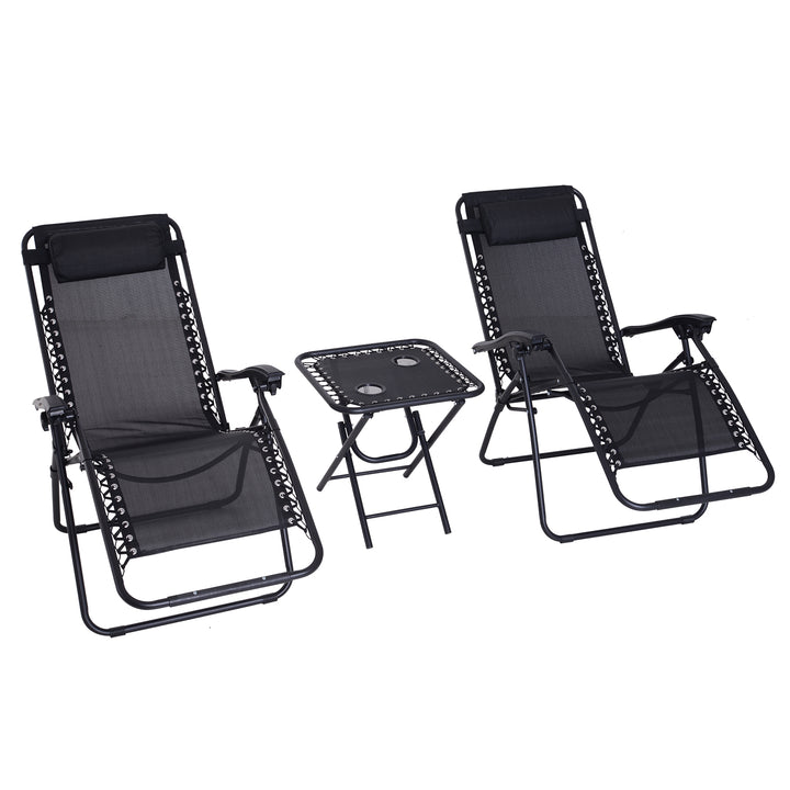 MCL Folding Zero Gravity Chairs, 3 Pieces Adjustable Sun Lounger and Table Set with Cup Holder and Headrest, Patio Bistro Set with Reclining Garden Chairs for Outdoor, Black