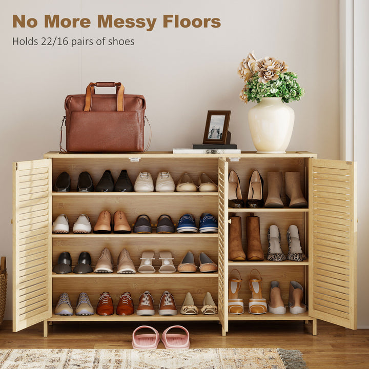 Bamboo Shoe Cabinet with Louvered Doors, 18 Pairs Shoe Storage Cabinet