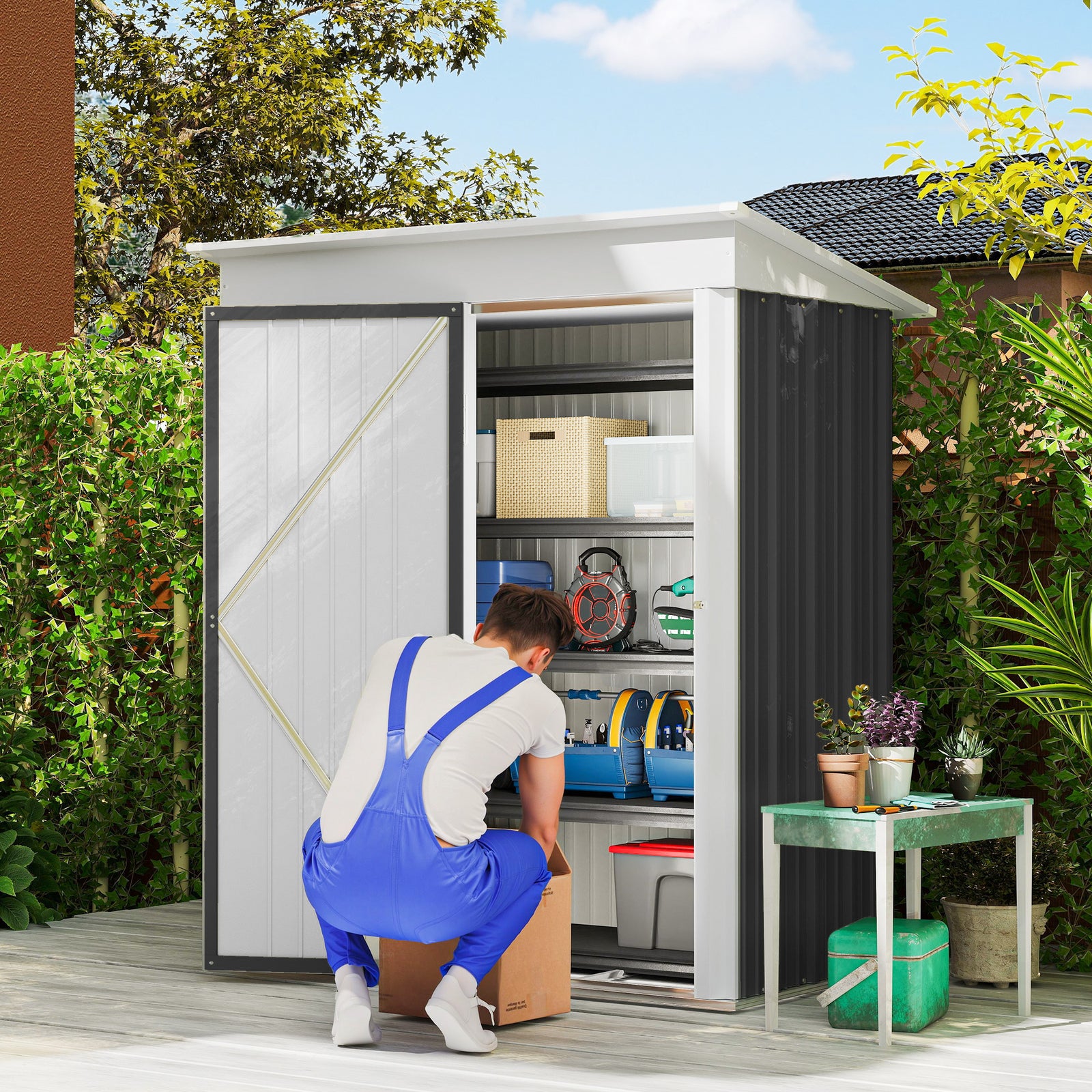 Metal Garden Shed, Outdoor Lean-to Shed for Tool Motor Bike, with Adjustable Shelf, Lock, Gloves, 5'x3'x6', Dark Grey