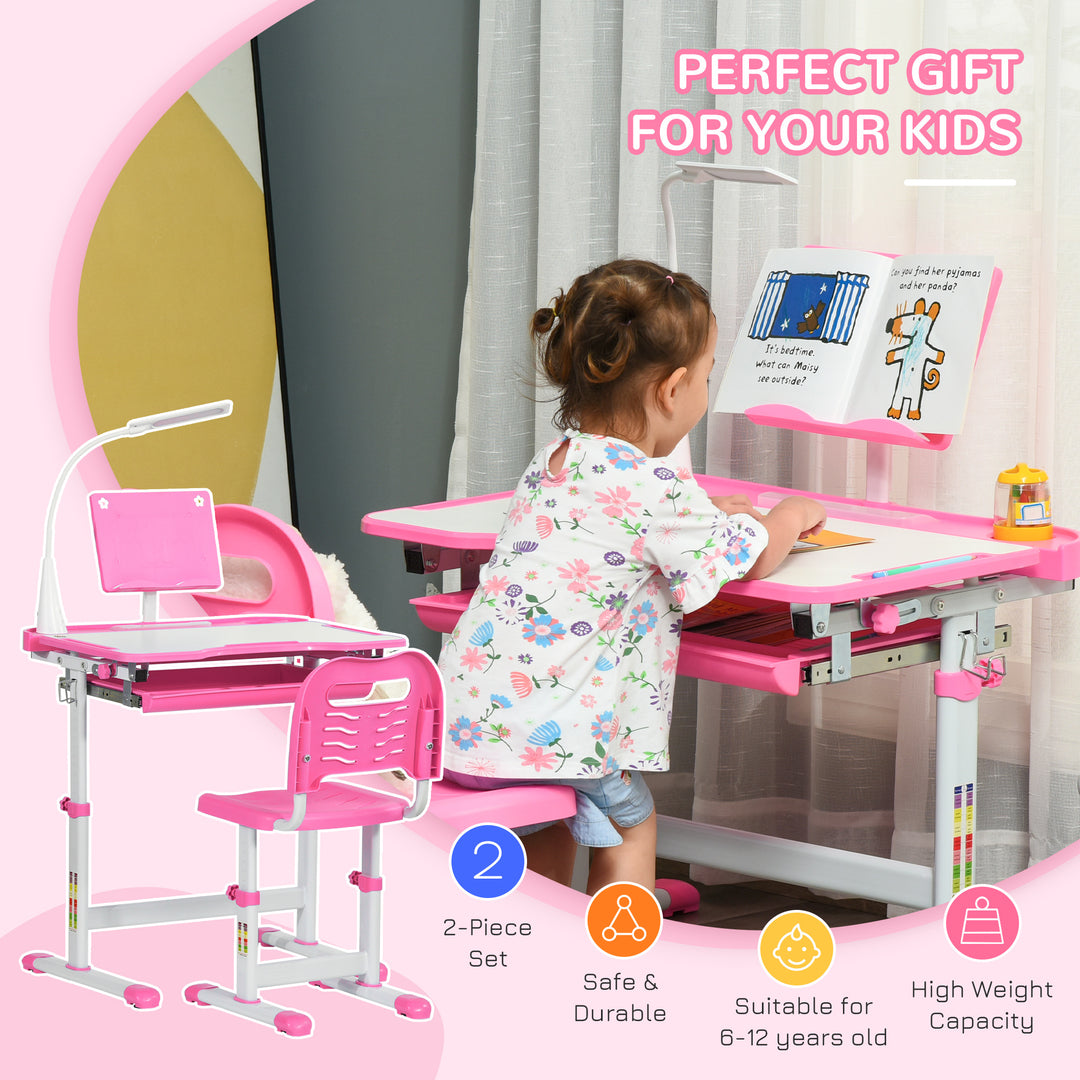MCL Kids Study Desk and Chair Set w/ Adjustable Height, Storage, Drawer, Pink