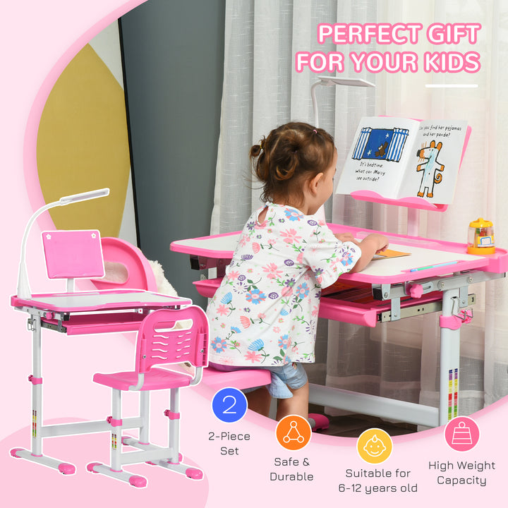 Kids Study Desk and Chair Set w/ Adjustable Height, Storage, Drawer, Pink