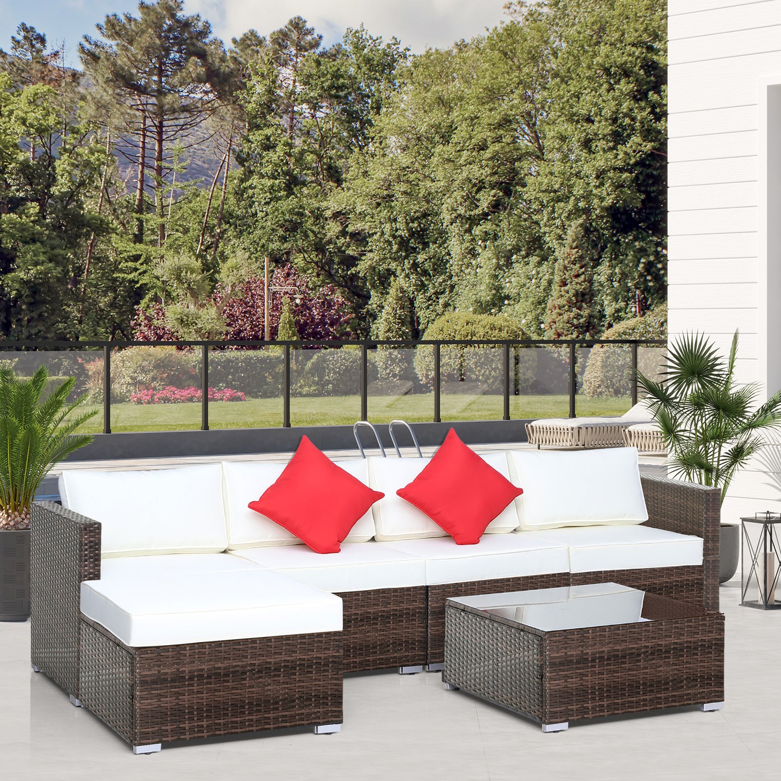 6 Pieces Rattan Garden Furniture Set, 5 Seater Sectional Garden Corner Sofa Set with Glass Top Coffee Table, Cushions and Pillows, All-Weather Wicker Conversation Furniture, Cream White