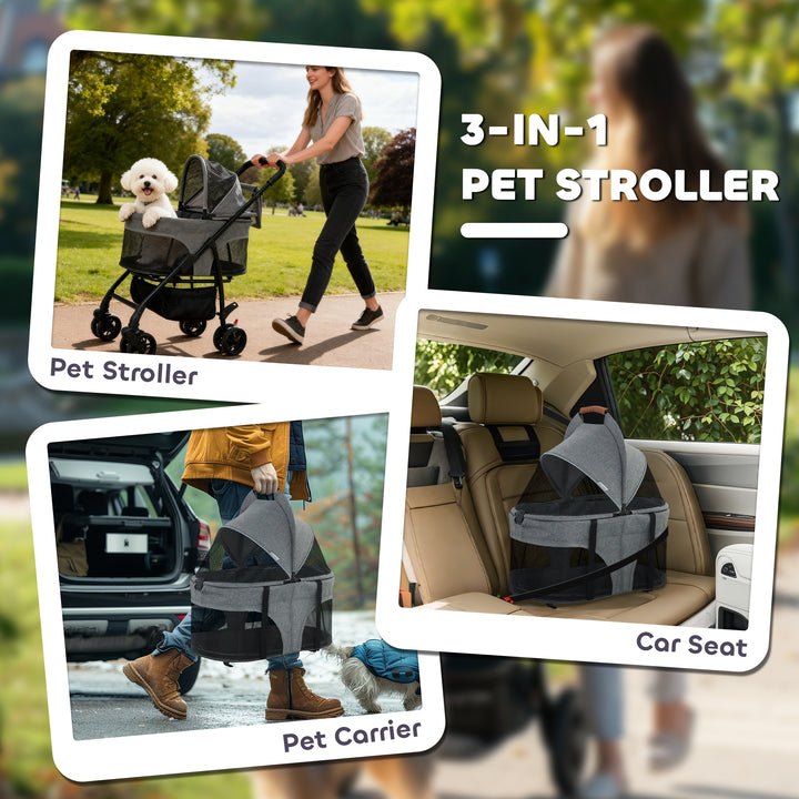 Pet Stroller, Foldable Dog Cat Stroller with Detachable Carrier, Wheel