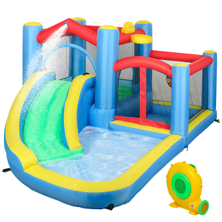 Inflatable Bouncy Castle with 550W Blower, Basketball Hoop, Long Slide