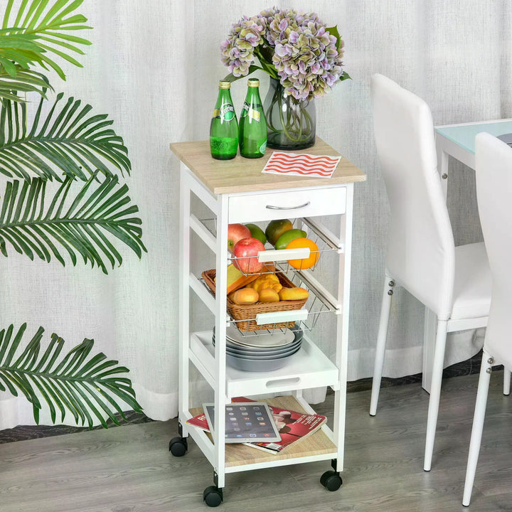 HOMCOM Mobile Rolling Kitchen Island Trolley for Living room, Serving Cart with Drawer & Basket, White | Aosom UK