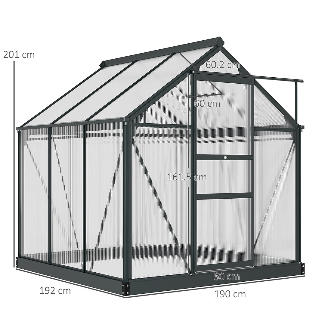 6 x 6ft Polycarbonate Greenhouse, Large Walk-In Green House with Slide Door and Window, Garden Plants Grow House with Aluminium Frame and Foundation, Grey