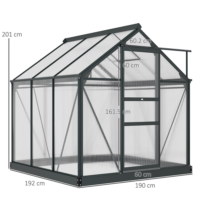 6 x 6ft Polycarbonate Greenhouse, Large Walk-In Green House with Slide Door and Window, Garden Plants Grow House with Aluminium Frame and Foundation, Grey