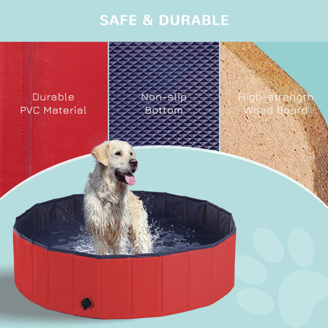 Dog Paddling Pool, Foldable Dog Pool, Leakproof & Hard Plastic, Portable Pet Bathtub with Non-Slip Base & Drainage Hole, for Indoors, Outdoors, Garden, Patio, 120 x 30 cm, Red