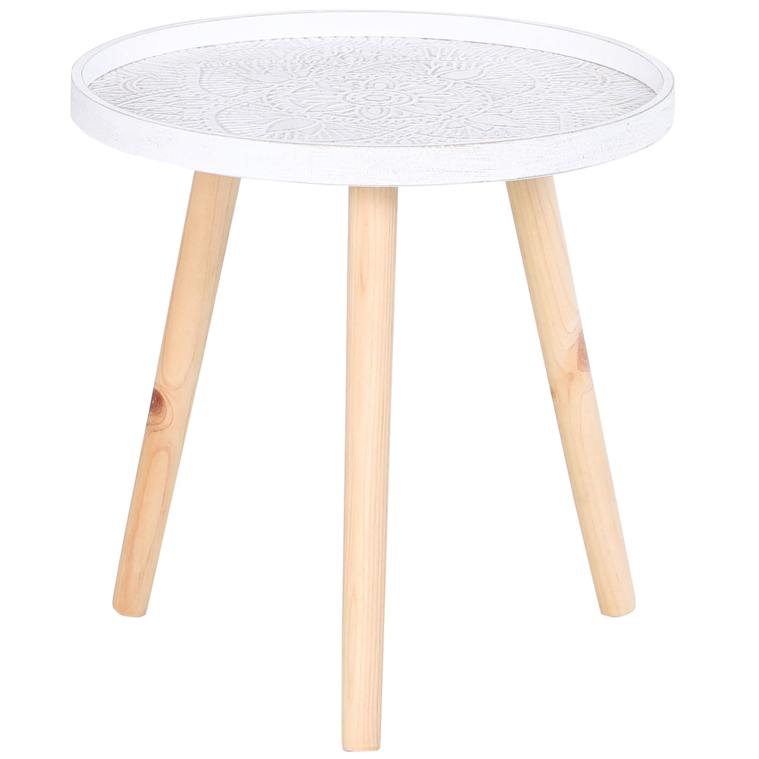 Coffee Table, Carved Floral Round Table with Tray-style Top and Wood Legs, Modern Side Table for Living Room, White