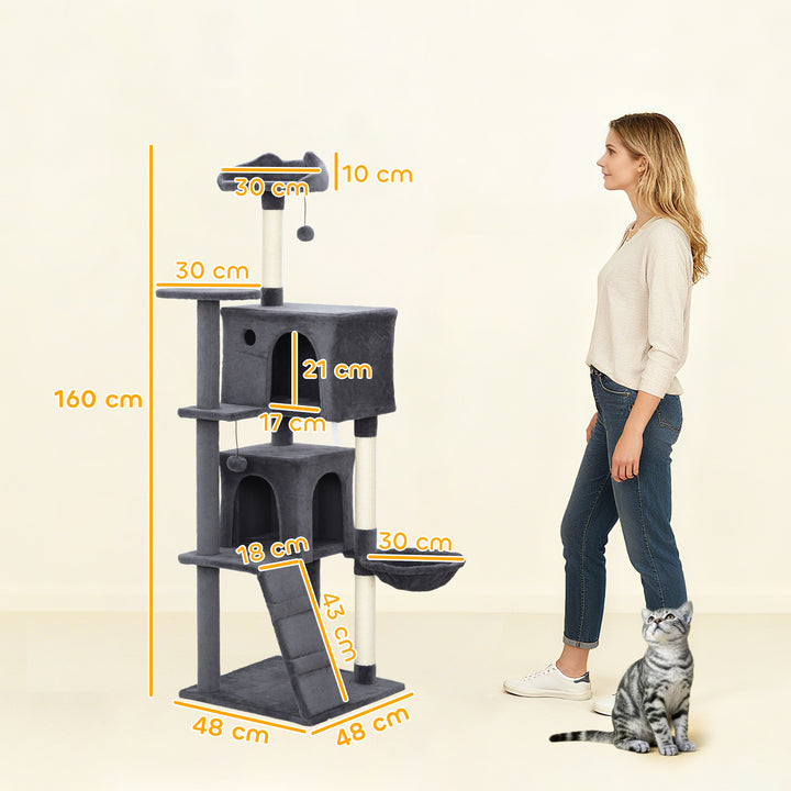 MCL 160cm Large Cat Tree Tower with Sisal Scratching Posts, Condos, Plush Perches, Hammock, Ladder, Dark Grey