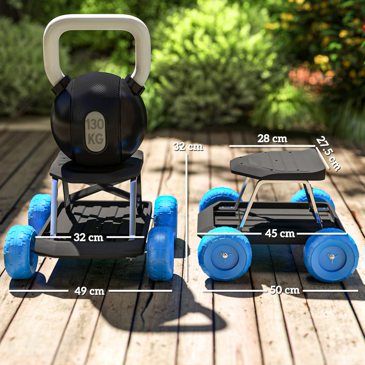 Garden Cart with Wheels, Garden Stool Trolley with Tool Tray, Rolling Garden Seat for Weeding, Planting, Blue