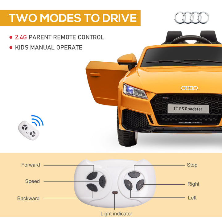 HOMCOM Kids Licensed Audi TT RS Ride-On Car 12V Battery w/ Remote Suspension Headlights and MP3 Player 3km/h Yellow | Aosom UK