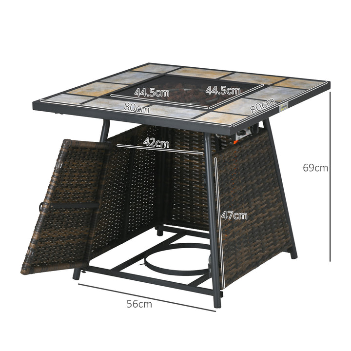 Square Outdoor PE Rattan Fire Pit Table Gas Burner Heater w/ Control Panel, Slate Top, Lid and Lava Rocks, 50,000 BTU