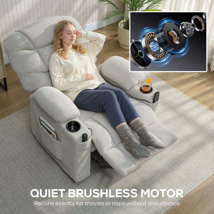 Electric Massage Recliner Armchair with Vibration, Heat, Whisper-Quiet Motor, Memory Function, Fleece Power Reclining Chair with Spring Pack, USB Port, Footrest, Side Pocket, Cup Holders
