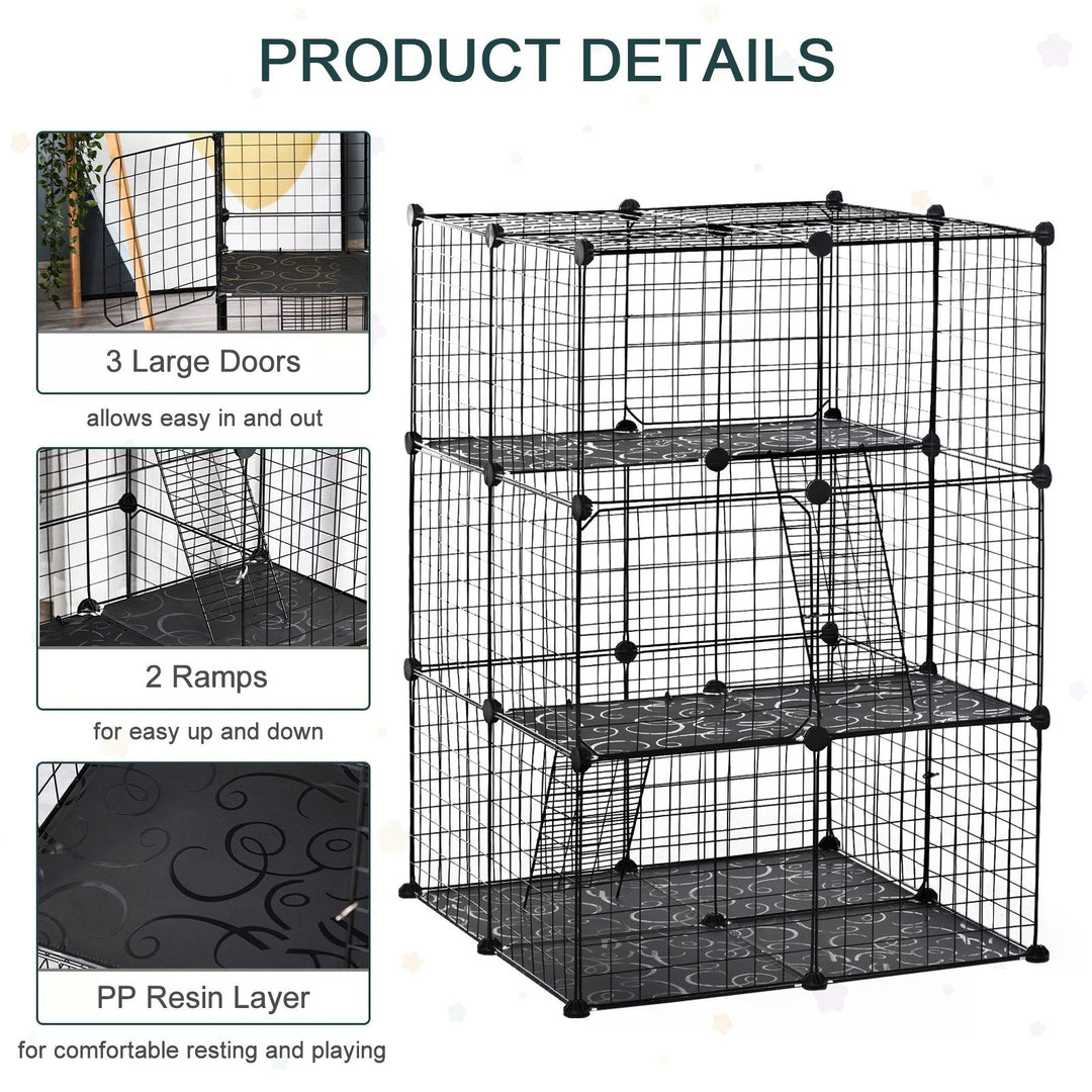 PawHut Pet Playpen, DIY Small Animal Cage with Metal Wire Fence, 39 Panels, 3 Doors, 2 Ramps, for Kitten, Bunny, Black. | Aosom UK