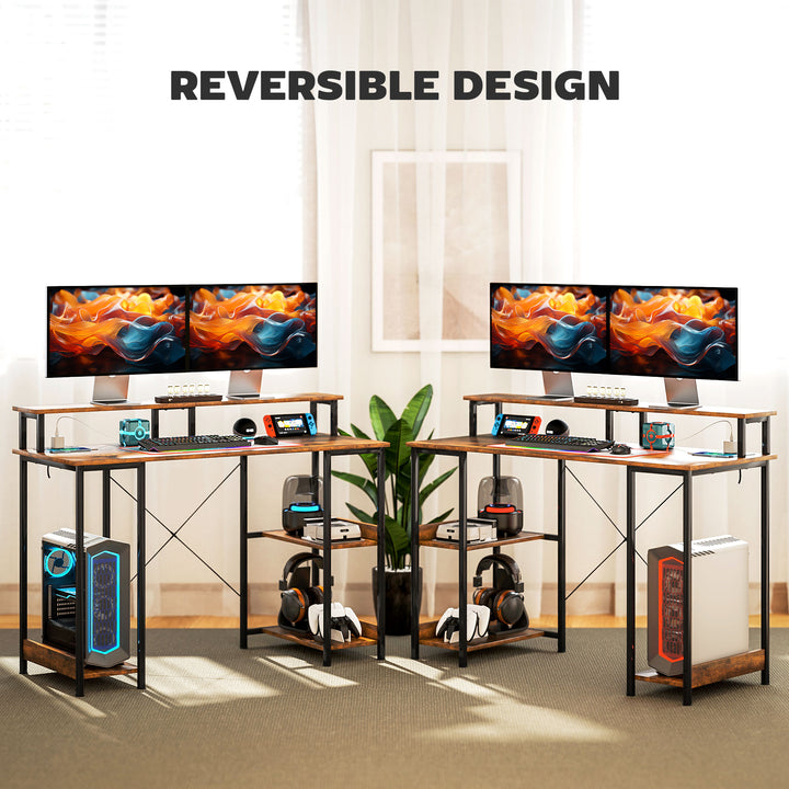 LED Computer Desk, with Power Outlets and Shelves - Rustic Brown