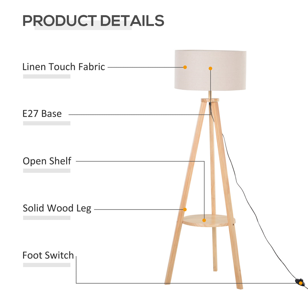Tripod Floor Lamp, Freestanding Bedside Light Reading Light with Storage Shelf and Linen Shade for Living Room Bedroom, 154cm, Cream