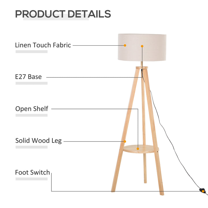 Tripod Floor Lamp, Freestanding Bedside Light Reading Light with Storage Shelf and Linen Shade for Living Room Bedroom, 154cm, Cream