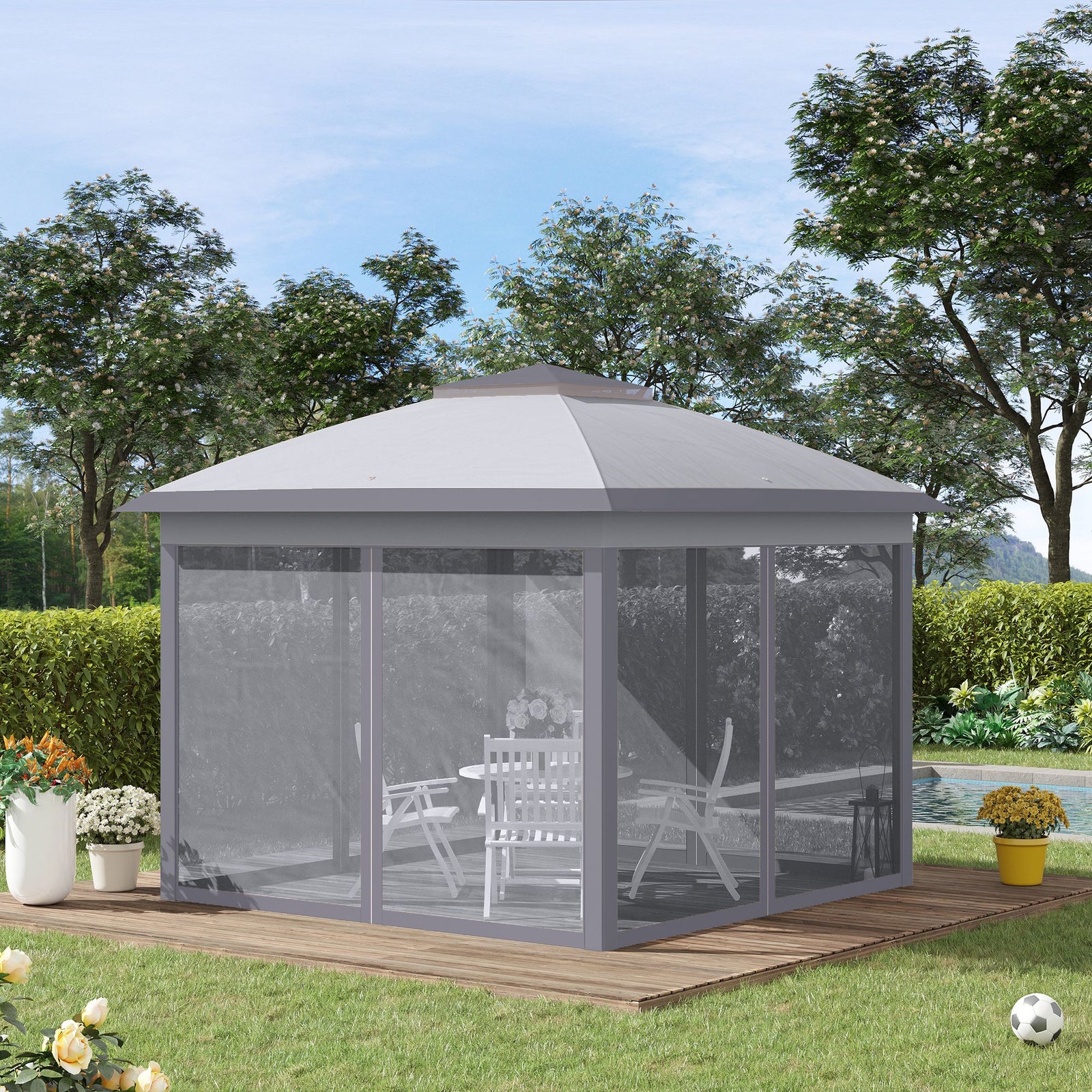 3.3 x 3.3m Pop Up Gazebo, Double Roof Foldable Canopy Tent with Zipped Mesh Sidewalls, Height Adjustable and Carrying Bag, Event Tent for Patio Garden, Grey