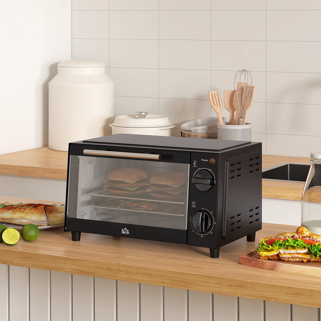 MCL Mini Oven, 9L Countertop Electric Grill, Toaster Oven with Adjustable Temperature, Timer, Dishwasher Safe Baking Tray and Wire Rack, 750W, Black