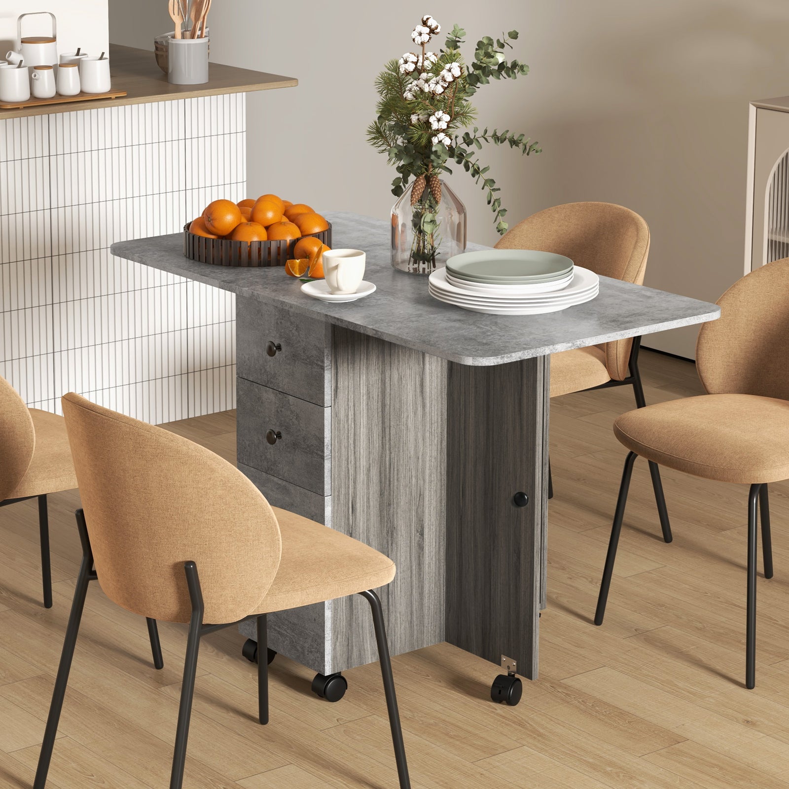 Multi-Storage Six-Person Drop Leaf Dining Table - Mixed Grey