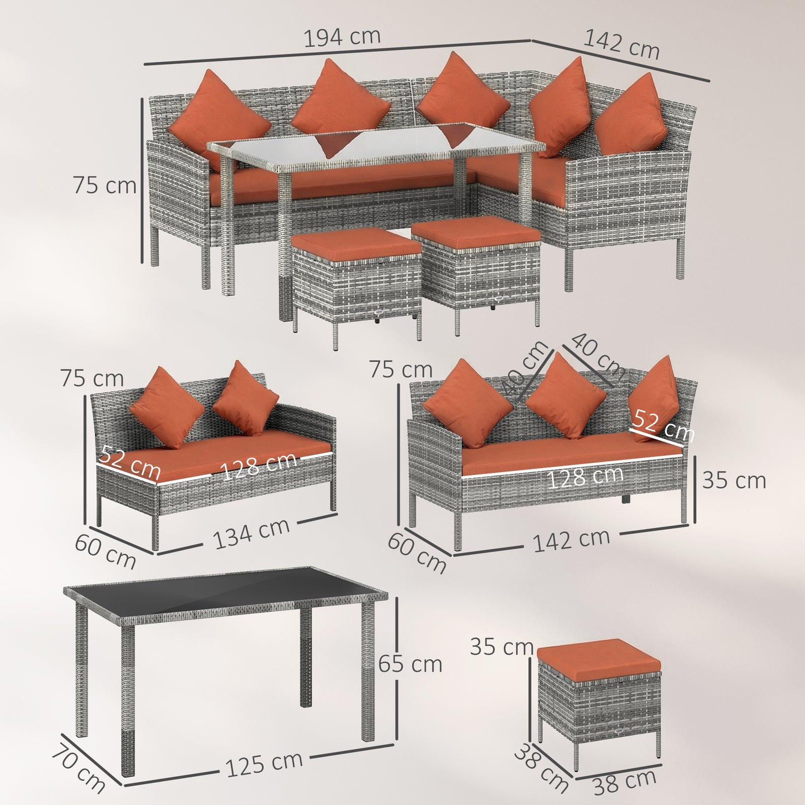 6-Seater Rattan Dining Set Sofa Table Footstool Outdoor w/ Cushion Gar