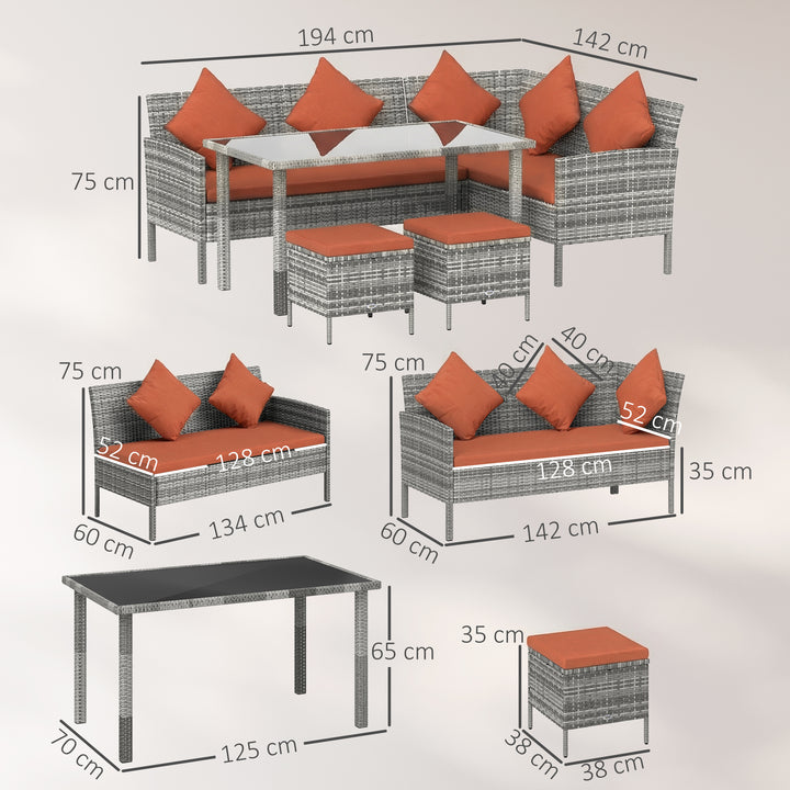 6-Seater Rattan Dining Set Sofa Table Footstool Outdoor w/ Cushion Gar