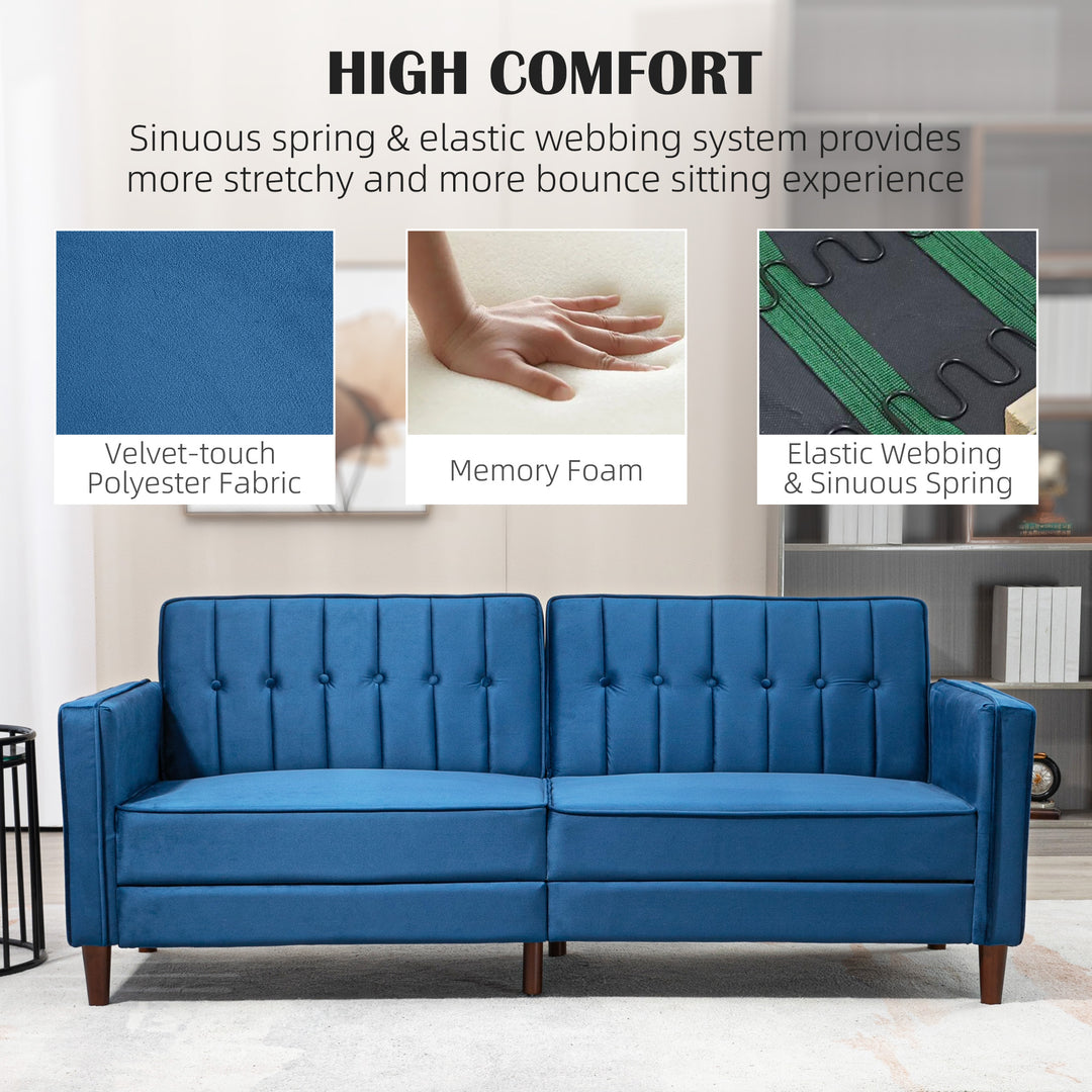 Velvet-Feel Three-Seater Sofa Bed - Blue