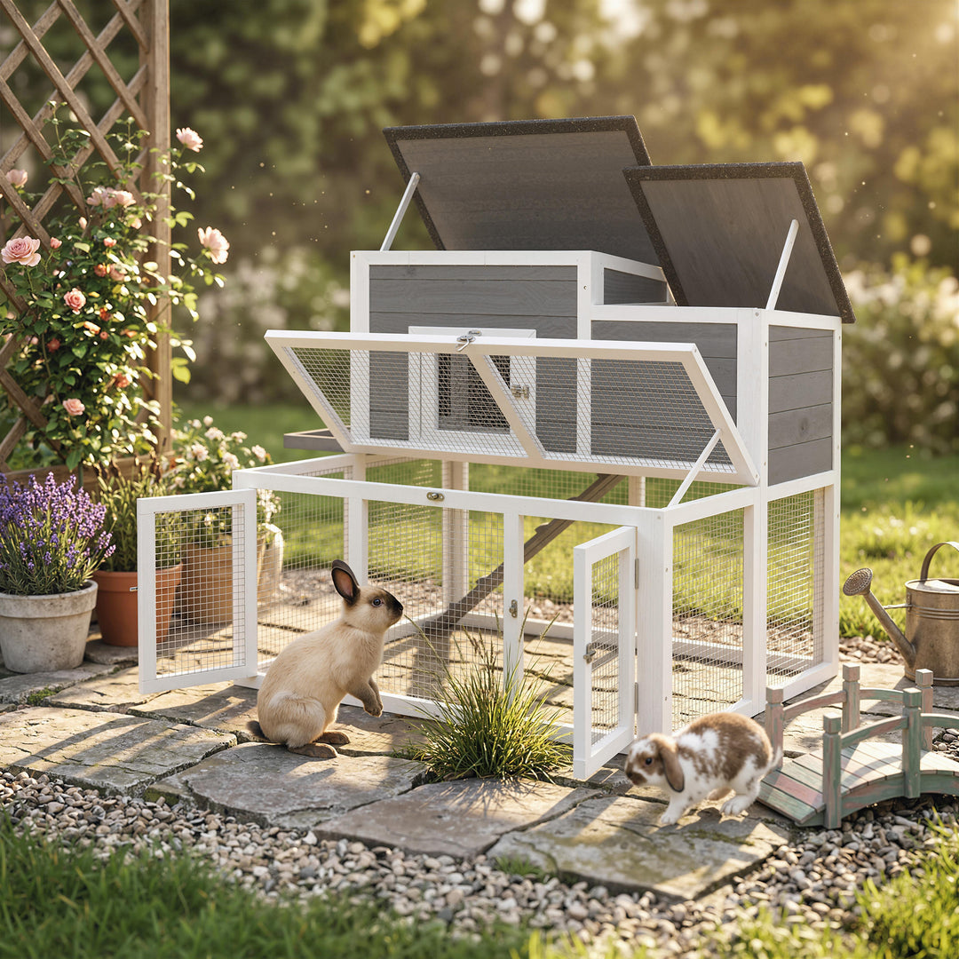 Wooden Rabbit Hutch, Indoor Outdoor Bunny Cage with Waterproof &amp; Opena