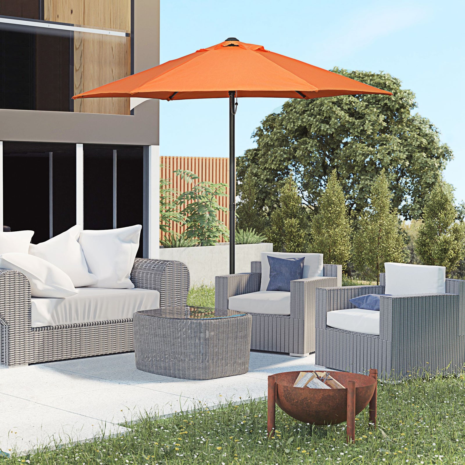 2m Garden Parasol Umbrella, Outdoor Sun Shade with 6 Sturdy Ribs for Balcony, Bench, Garden, Orange