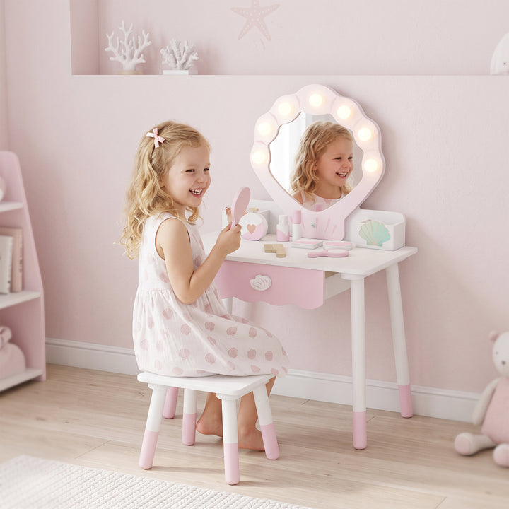Kids Vanity Set, Kids Dressing Table with Chair, Acrylic Mirror, Light