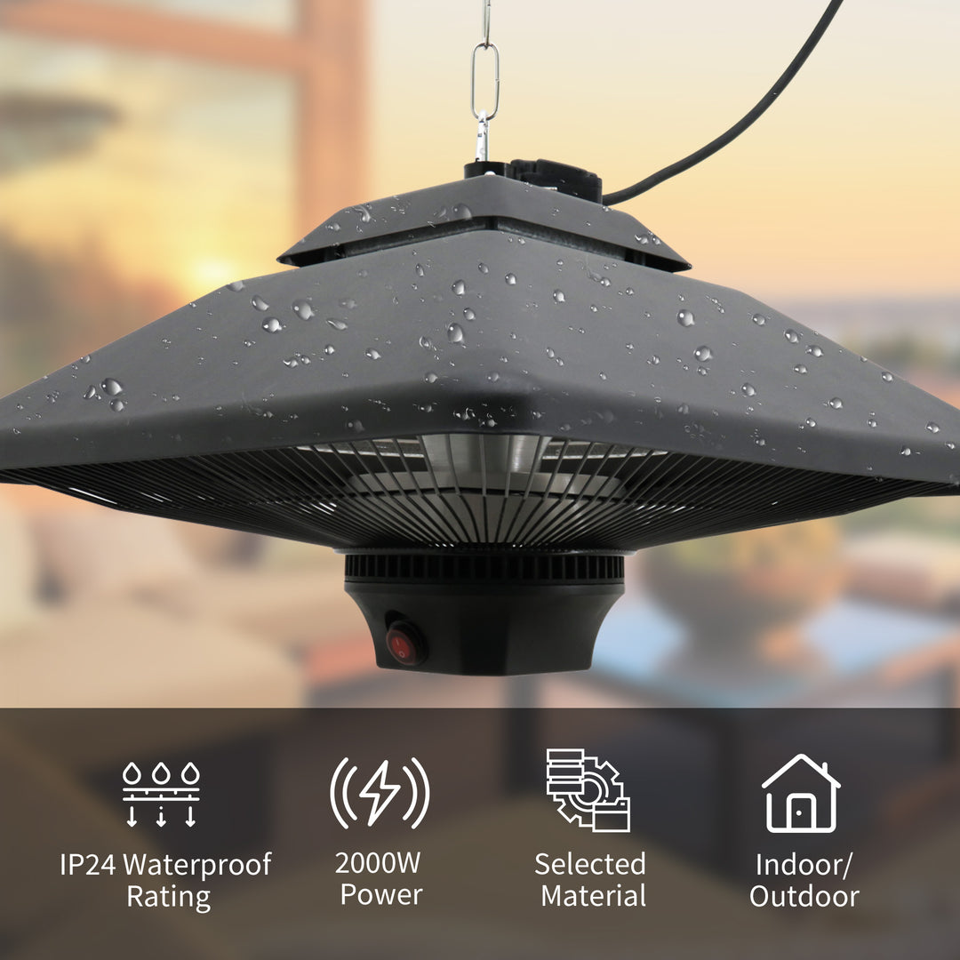 Hanging Electric Patio Heater with 2 Power Settings, 1000/2000W Waterproof Ceiling Mounted Aluminium Halogen Infrared Outdoor Heater Warmer with LED Light and Remote Control, Black