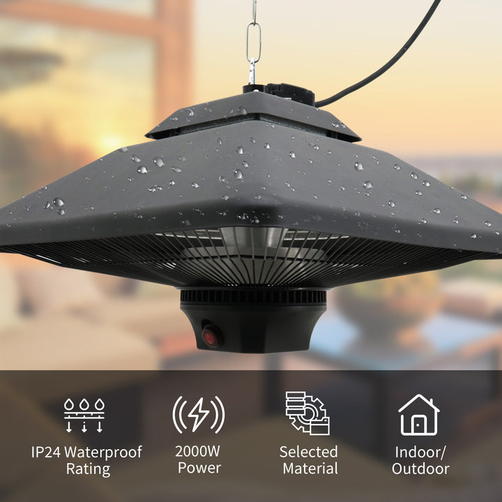 Hanging Electric Patio Heater with 2 Power Settings, 1000/2000W Waterproof Ceiling Mounted Aluminium Halogen Infrared Outdoor Heater Warmer with LED Light and Remote Control, Black