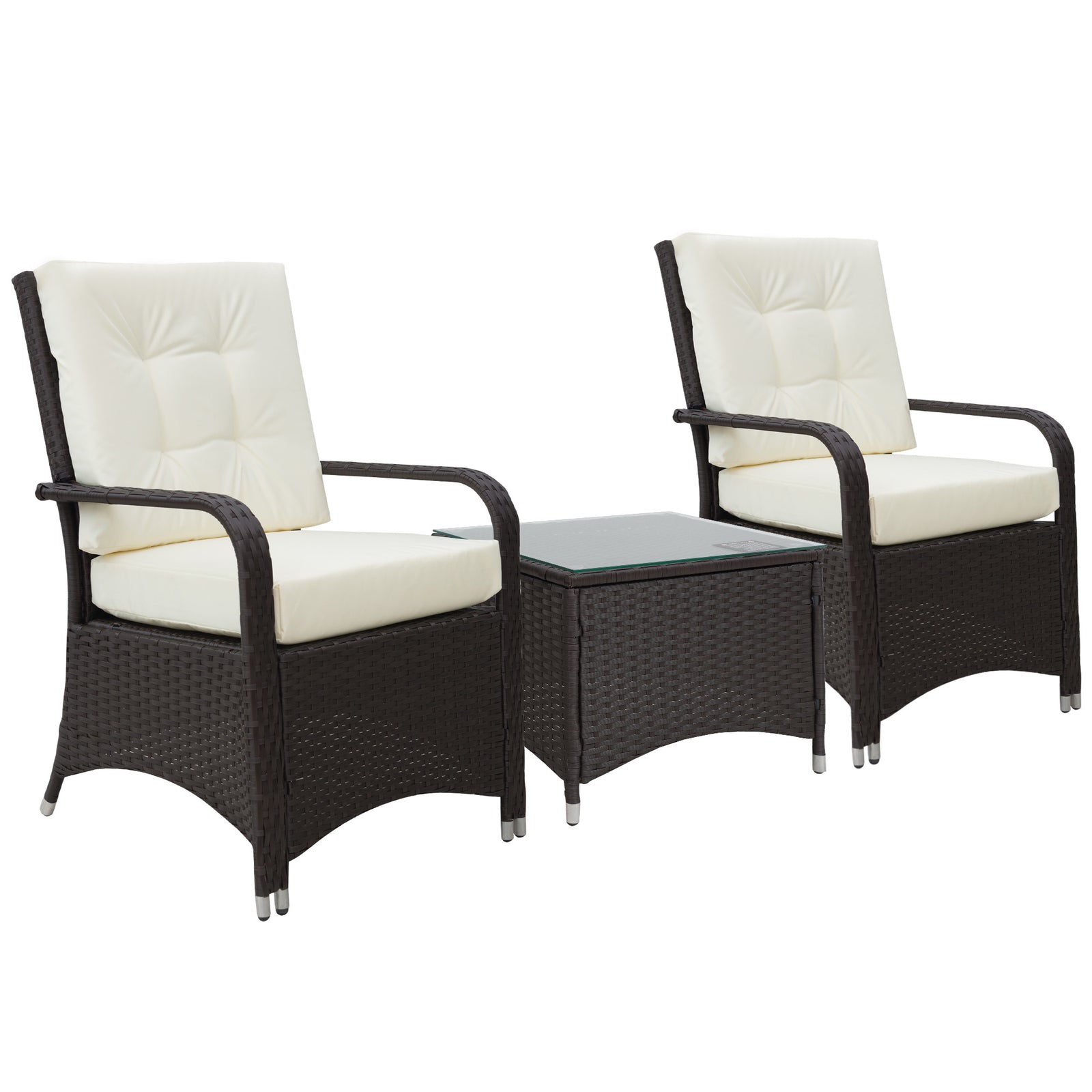 3 Pieces Rattan Bistro Set with Furniture Cover, Wicker Garden Furniture Set, Glass Top Coffee Table and Chairs with Cushions for Outdoor, Patio, Balcony, Cream White