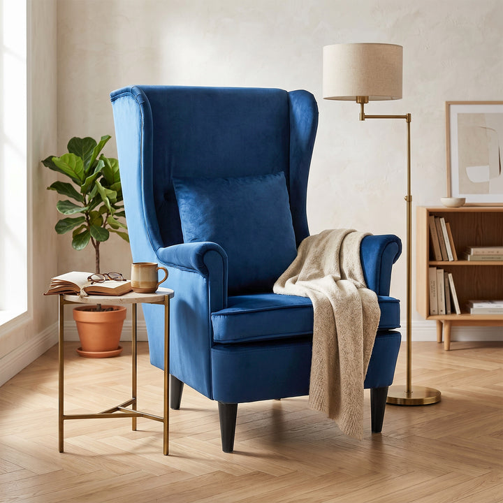 Modern Accent Chair with High Backrest and Pillow, Velvet-Feel Fabric 