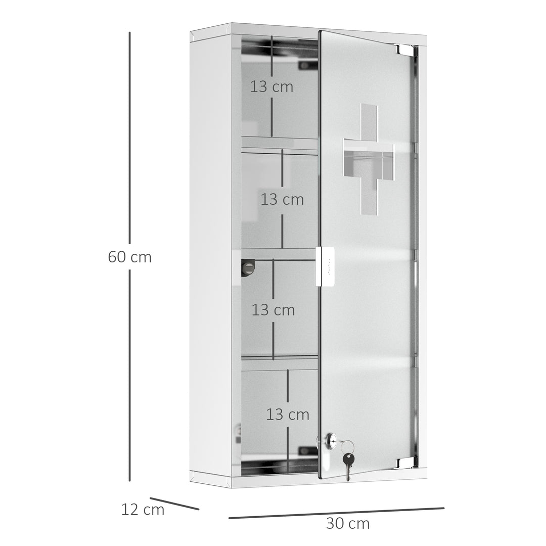 4 Tier Stainless Steel Wall Mounted Medicine Cabinet Glass Lockable Door Storage Shelves Houseware Bathroom Furniture 60Hx30Wx12D(cm) w/2 Keys