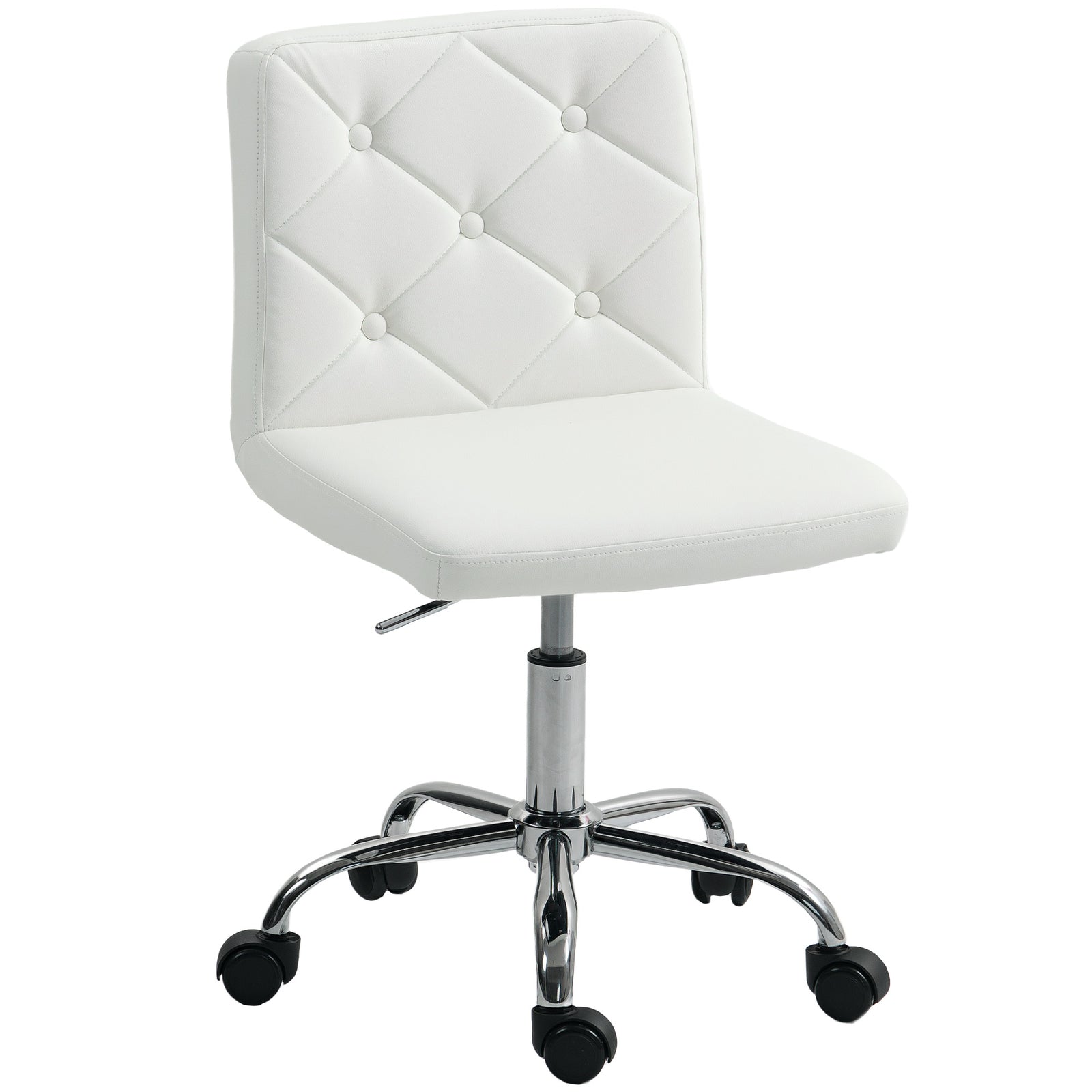 PU Leather Armless Office Chair, Modern Vanity Computer Swivel Chair with Rolling Wheels and Adjustable Height for Home Study, Bedroom, White