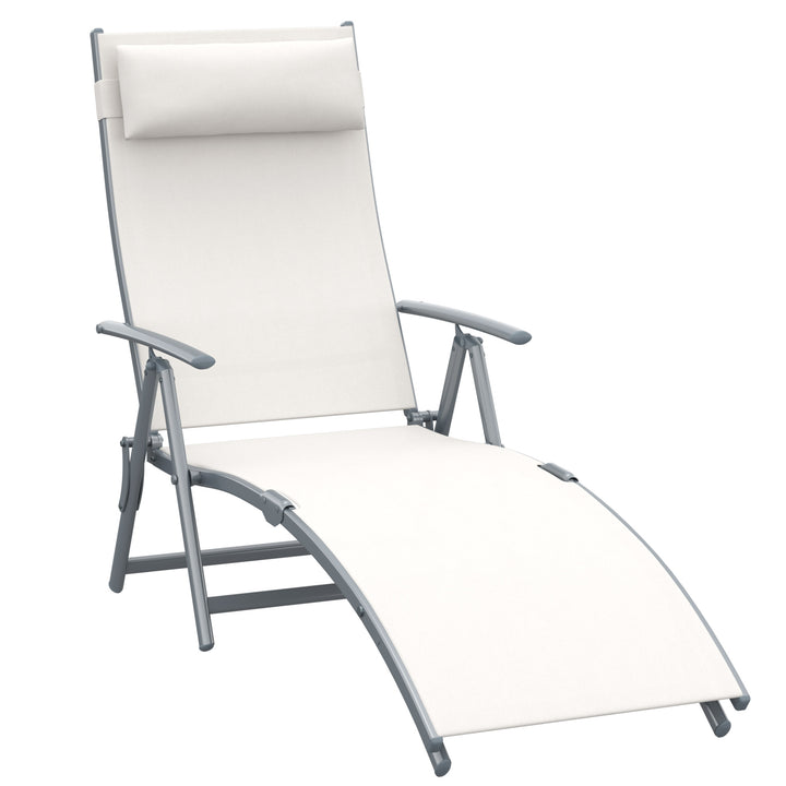 Outsunny Folding Sun Lounger, Steel Frame, Recliner Chaise, Headrest, 7 Position Adjustable, Cream White | Aosom UK