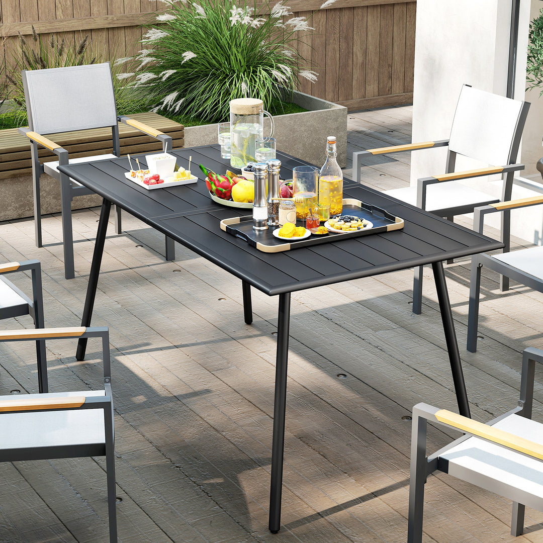Rectangle Garden Table with Slat Top, Steel Frame, Outdoor Table for 6 Person, 150 x 80 x 74 cm, Black