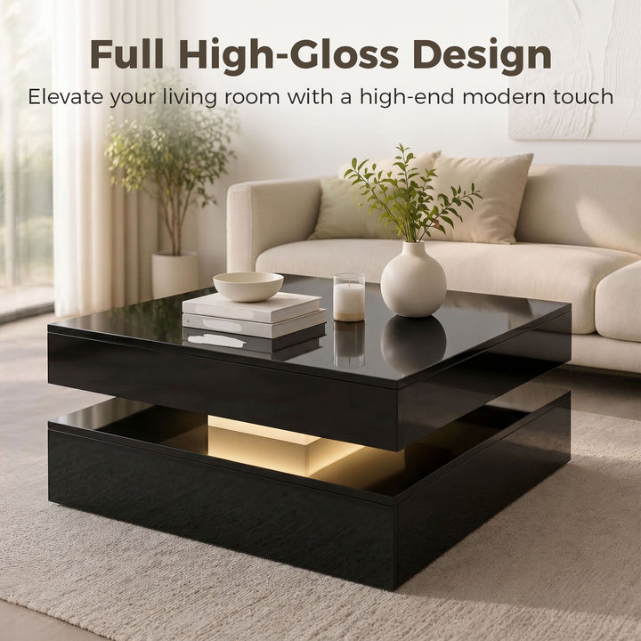 LED Coffee Table with Storage, 2-Tier Modern Centre Table with Open Sh