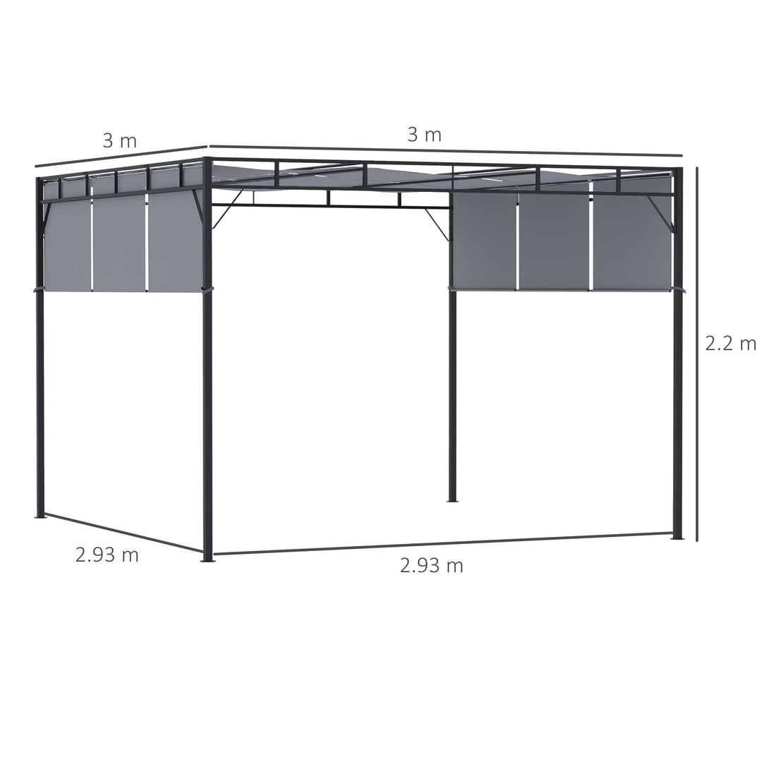 Outsunny 3 x 3(m) Steel Pergola Gazebo Garden Shelter with Retractable Roof Canopy for Outdoor, Patio, Dark Grey