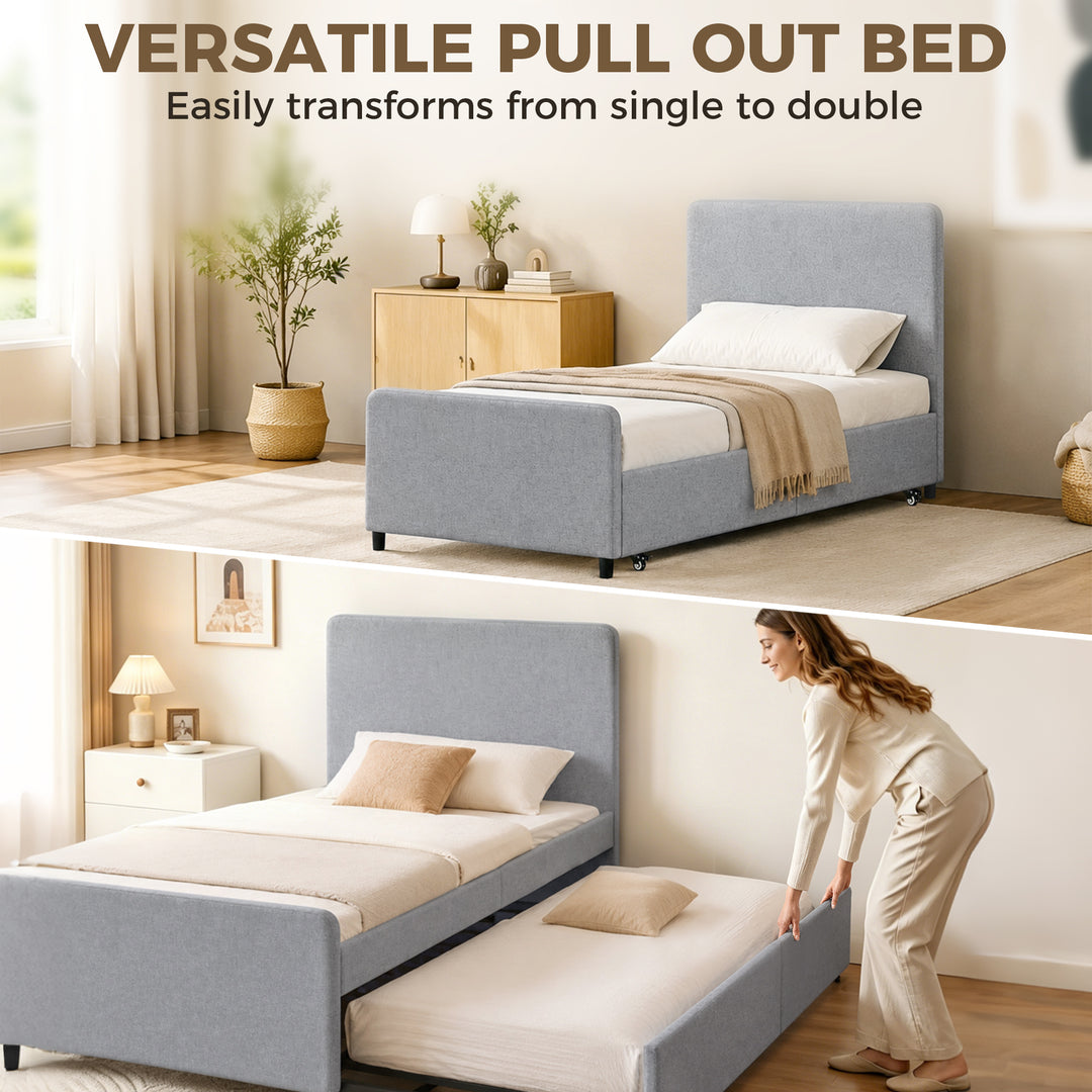 3ft Single Bed Frame with Trundle, Upholstered Pull Out Trundle Bed wi