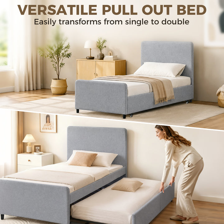 3ft Single Bed Frame with Trundle, Upholstered Pull Out Trundle Bed wi