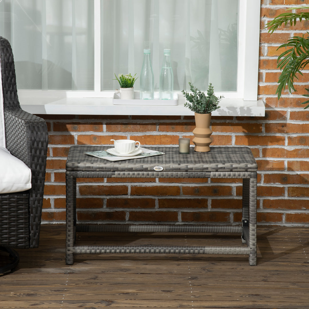 Outdoor Coffee Table, Garden PE Rattan Side Table with Plastic Board Under the Full Woven Table Top and Rectangular Frame for Patio, Balcony, Mixed Grey