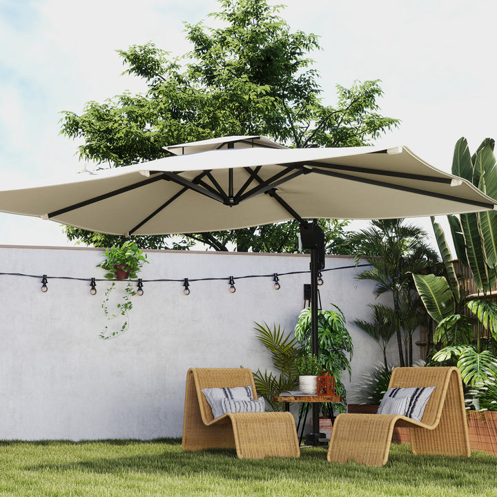 3.7 x 2.7 m Cantilever Parasol w/ 360° Rotation and Easy Tilt Adjustment, Aluminium Hanging Offset Outdoor Umbrella w/ Double Top, Cross Base, UPF50+ Hanging Sun Shade, Black Pole