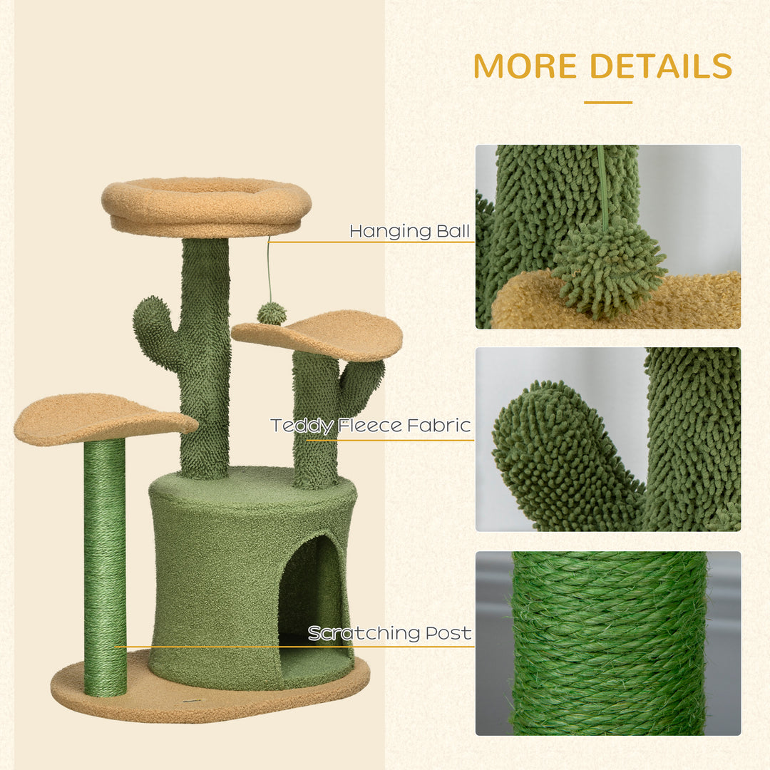 PawHut Cactus Cat Tree, 83cm Cat Climbing Tower, Kitten Activity Centre w/ Fleece House, Bed, Sisal Scratching Post & Hanging Ball, Green | Aosom UK