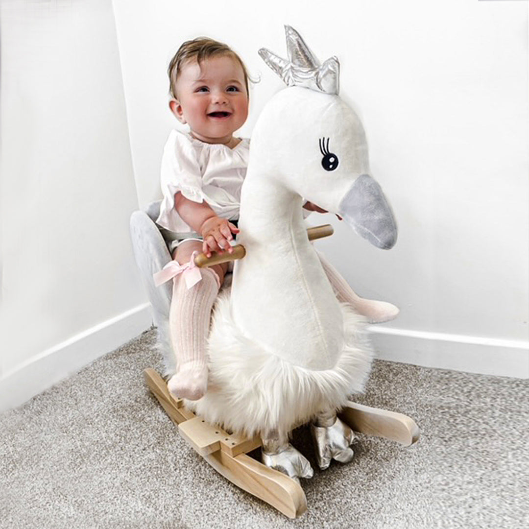 MCL Kids Rocking Horse, Children Plush Ride On Swan Animal Rocker w/ Sound, Wood Base Seat, Safety Belt, Baby Toy Rocker for Toddler 18 - 36 Months, White and Grey
