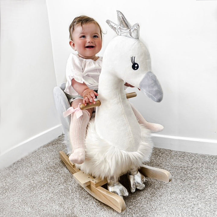 MCL Kids Rocking Horse, Children Plush Ride On Swan Animal Rocker w/ Sound, Wood Base Seat, Safety Belt, Baby Toy Rocker for Toddler 18 - 36 Months, White and Grey