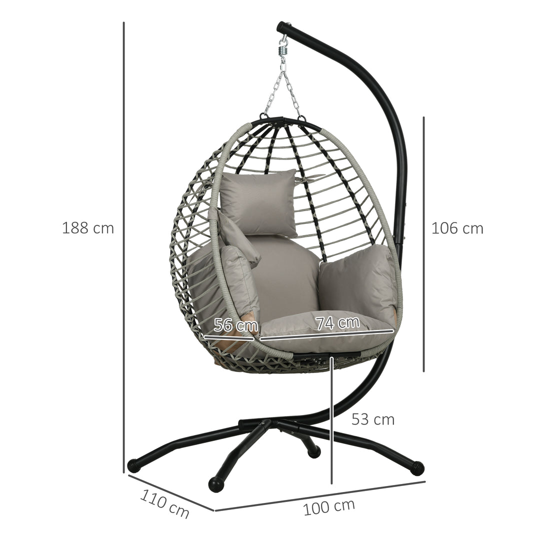 Single Rattan Hanging Egg Chair, with Seat Cushion - Grey